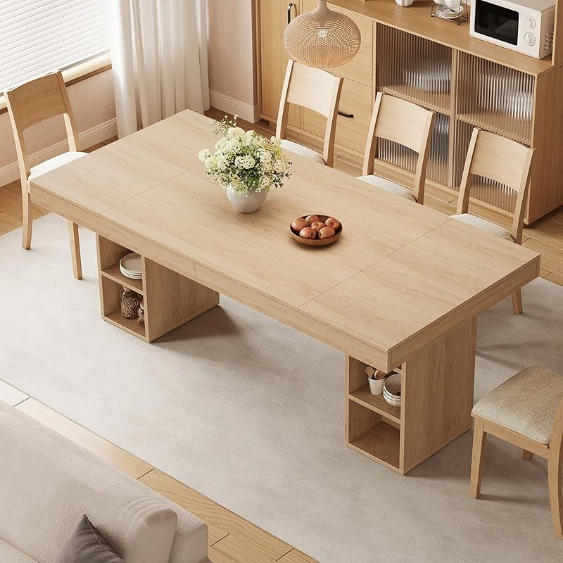 70.8\u002F62.9-Inch Large Rectangular Dining Table with Dual Side Storage Shelves & Double Pedestal Base - Extends to 6-8 People, Sturdy Frame Kitchen Table Suitable for, Office, Banquet - Assembly Required