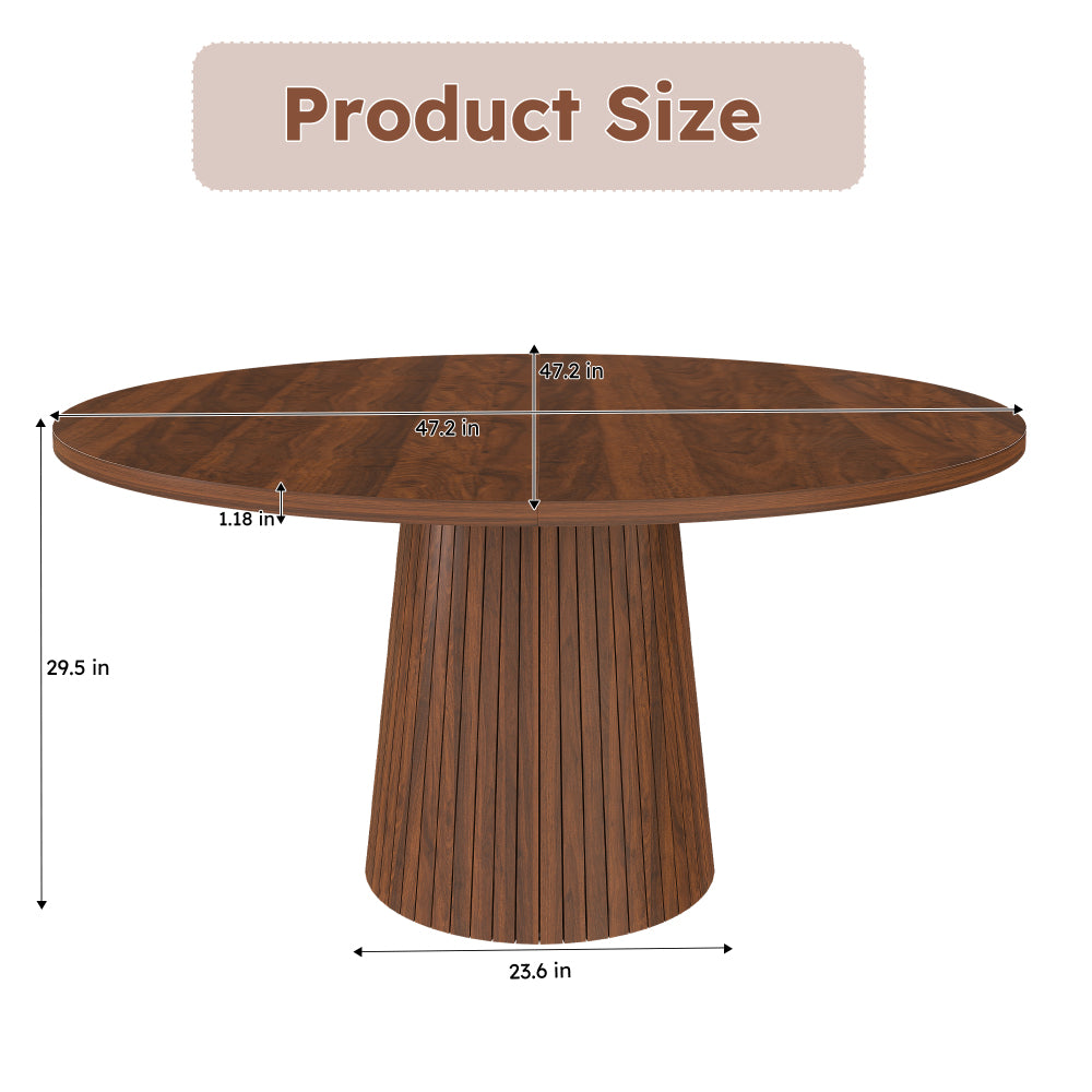 47 inch Round MDF Dining Table for 4 | Modern Farmhouse Kitchen Table with Wood Strip Base, Walnut End, Minimalist Style for Kitchen and Living Room