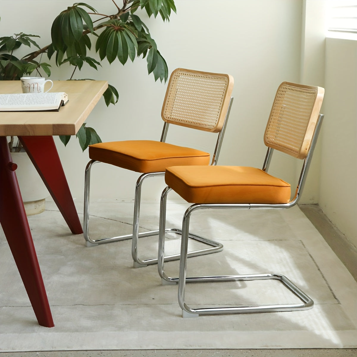 Dining Chairs Set of 2\u002FSet of 4, Velvet Rattan Side Accent Dining Chairs with Chrome Legs, Modern Mid Century Breuer Designed Chairs, Upholstered Dining Living Room Kitchen Chairs