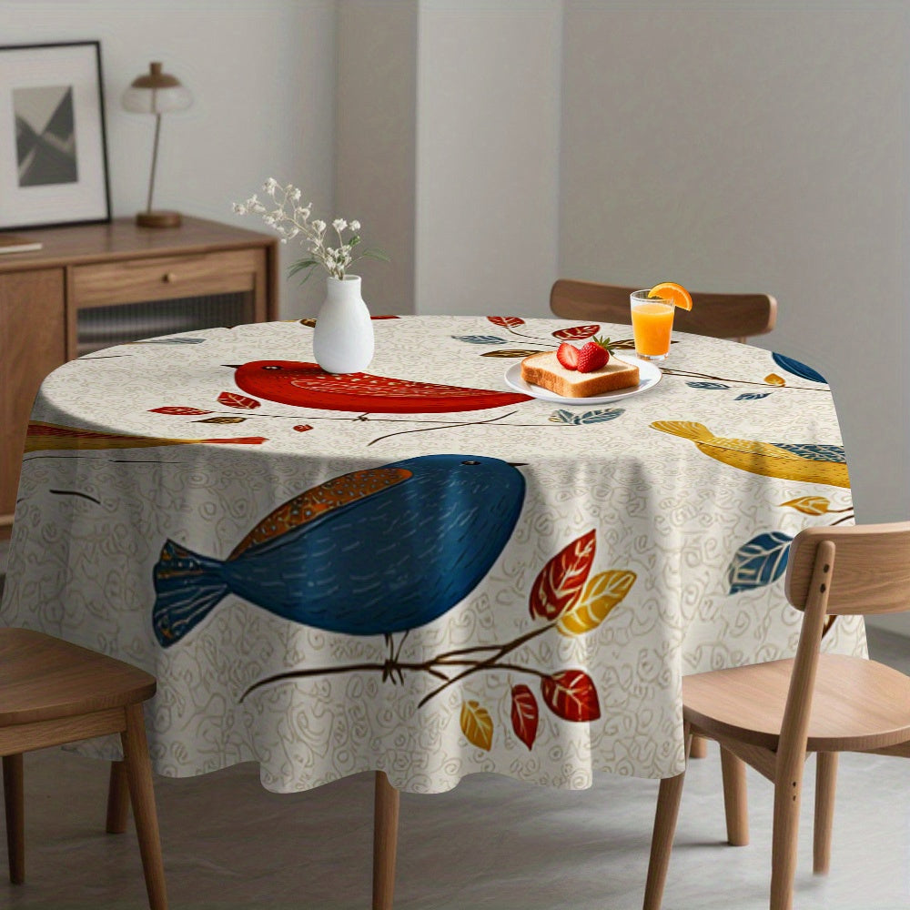 1pc Round Tablecloth with Colorful Birds on Branches & Red\u002FBlue\u002FYellow Bird Pattern - Beige Background, Fringed Trim, Durable Easy-Clean Polyester Fabric for Round Dining Tables, Spring Summer Parties, ' Room Decor (-Friendly