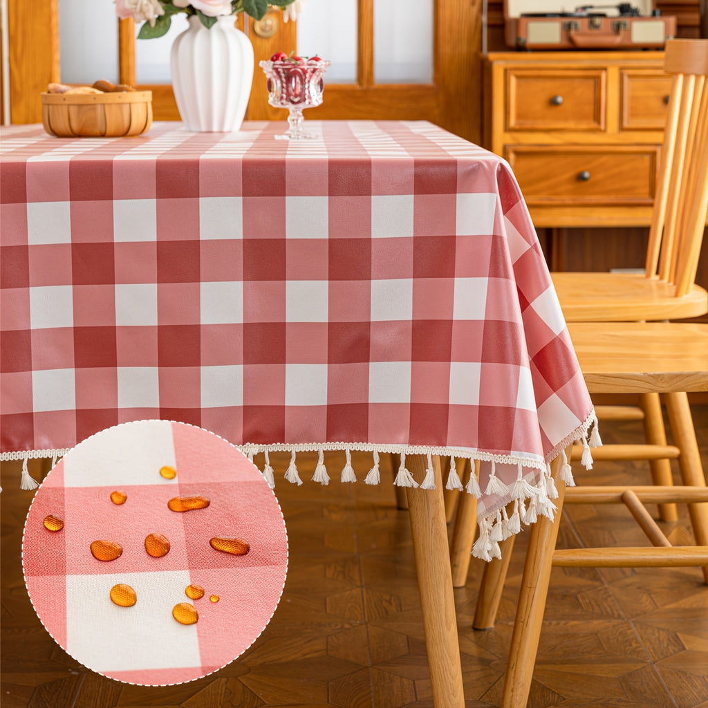 A Beige Checkered Pattern with Tassel Decoration, Suitable for Dining Tables, Coffee Tables, And Outdoor Use - Easy to Clean - Wipeable And Reusable