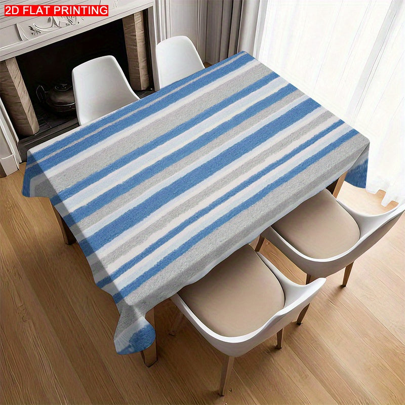 A Blue-Gray And White Striped Tablecloth, Perfect for Dining Tables, Coffee Tables, And Desks. It Serves As a Decorative Piece for Parties And Home Decor, Is Soft And Delicate, Machine Washable for Easy Cleaning, Enhances The Dining Atmosphere