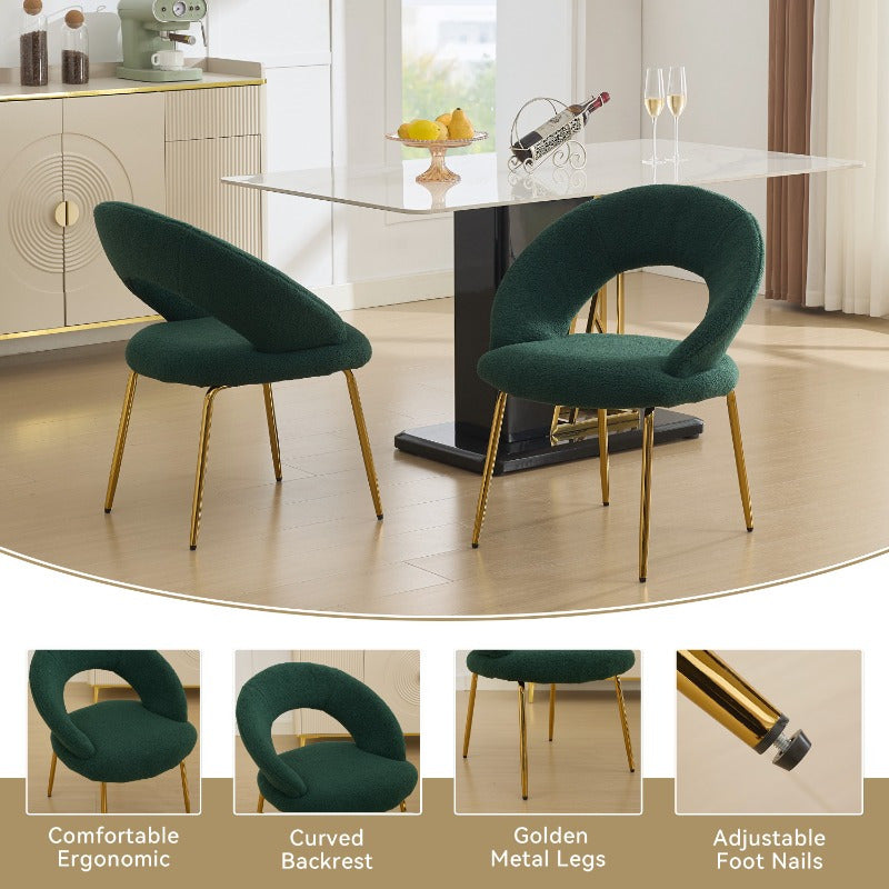 A Collection of One Green Upholstered Dining Chair Featuring a Curved Back And Golden Metal Legs, Suitable for The Kitchen Or Dining Area, Designed to Be Both Lightweight And Durable