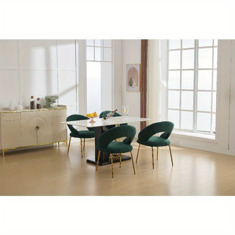 A Collection of One Green Upholstered Dining Chair Featuring a Curved Back And Golden Metal Legs, Suitable for The Kitchen Or Dining Area, Designed to Be Both Lightweight And Durable