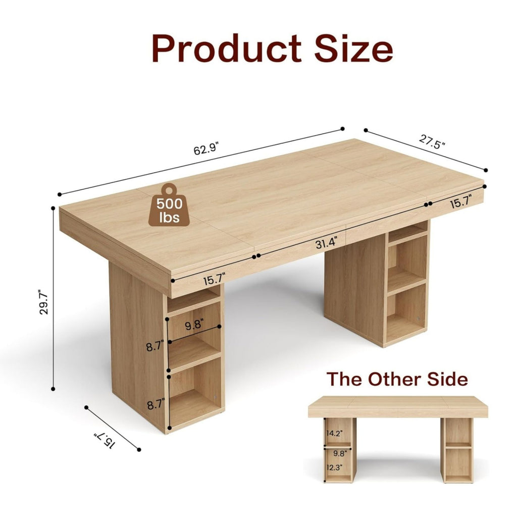 70.8\u002F62.9-Inch Large Rectangular Dining Table with Dual Side Storage Shelves & Double Pedestal Base - Extends to 6-8 People, Sturdy Frame Kitchen Table Suitable for, Office, Banquet - Assembly Required