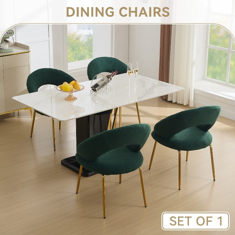 A Collection of One Green Upholstered Dining Chair Featuring a Curved Back And Golden Metal Legs, Suitable for The Kitchen Or Dining Area, Designed to Be Both Lightweight And Durable