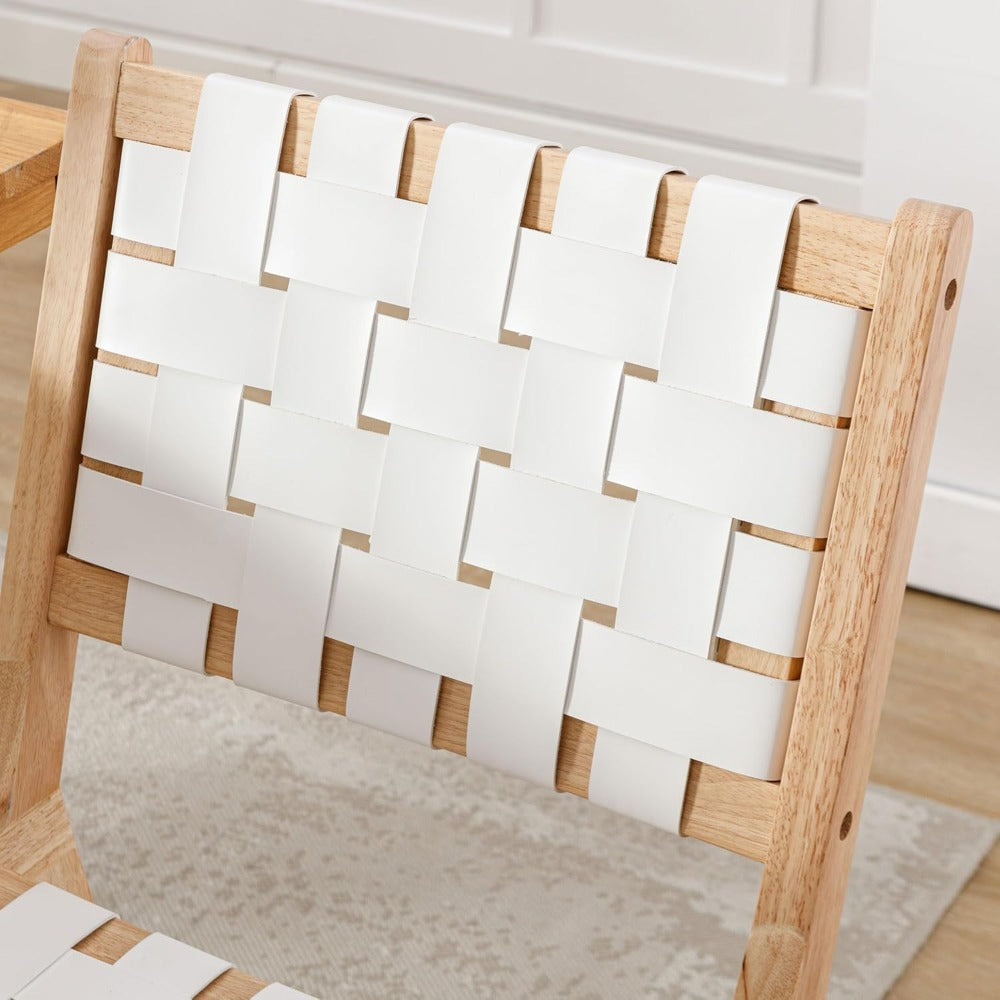 Set of 2 Modern White PU Dining Chairs with Woven Backrest & Hardwood Legs - Classic Contemporary Accent Chairs, Easy-Clean Wipeable Surface, Comfortable Seating for Kitchen, Dining Room, Living Room, Bedroom, Restaurant - Durable Synthetic Faux Lea