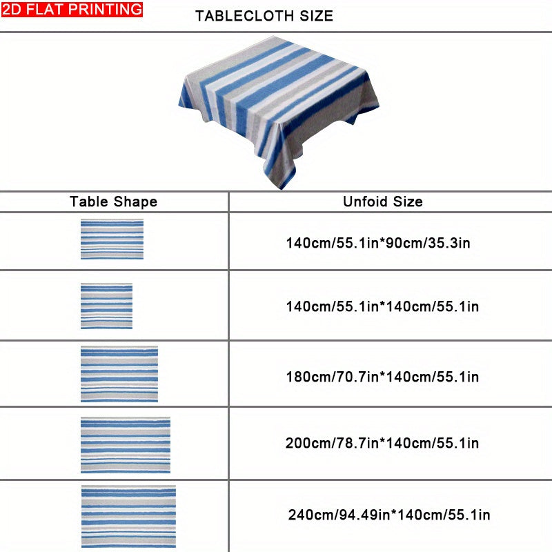 A Blue-Gray And White Striped Tablecloth, Perfect for Dining Tables, Coffee Tables, And Desks. It Serves As a Decorative Piece for Parties And Home Decor, Is Soft And Delicate, Machine Washable for Easy Cleaning, Enhances The Dining Atmosphere