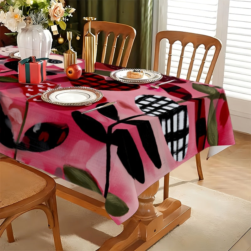 1pc 2D Printed Vine-Wrapped Floral and Checkered Heart Pattern Tablecloth, Easy to Care for, Enhances Ambiance, Protects Table Surface, Ideal for Daily Dining, Friend Gatherings, Afternoon Tea, Holiday: Valentine's Day