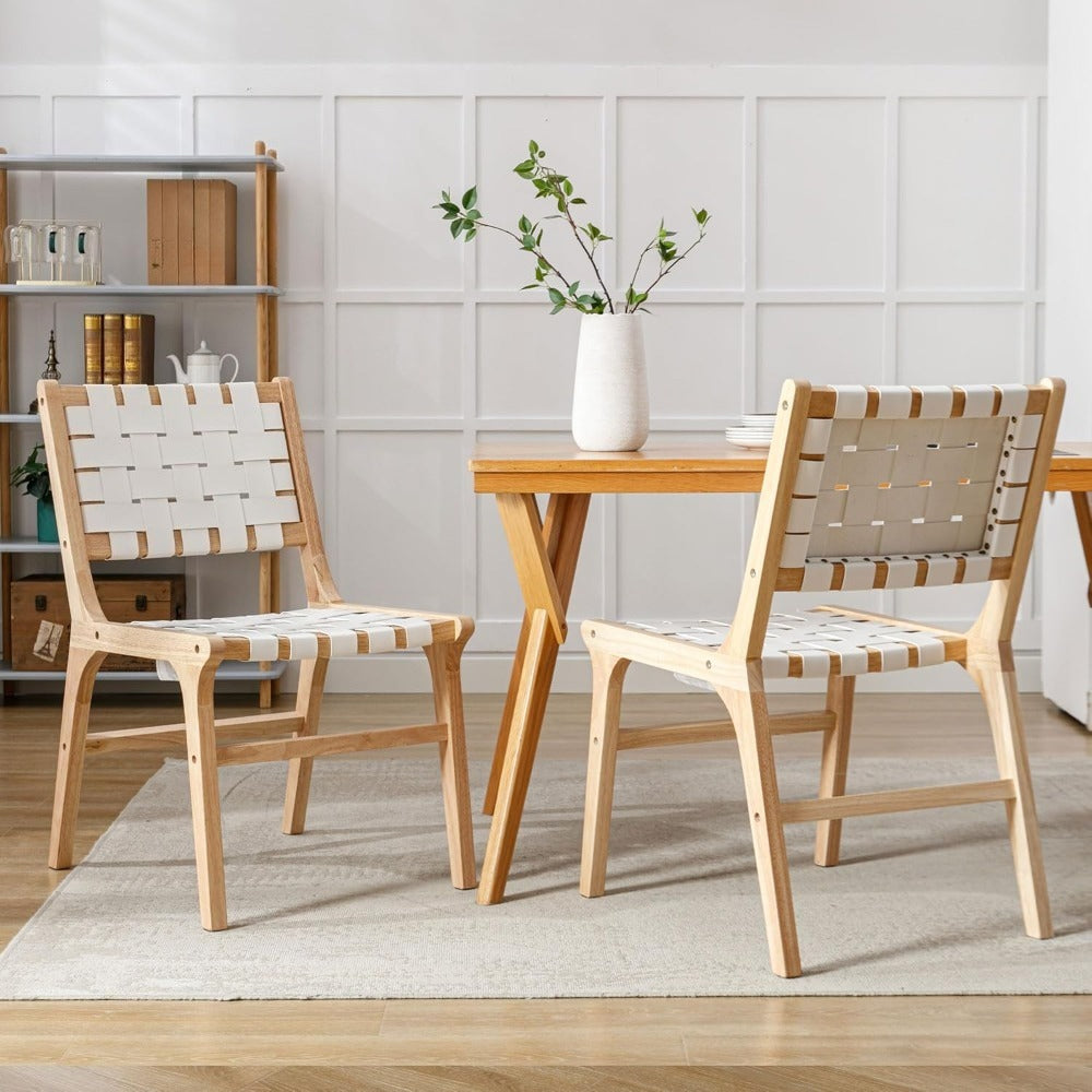 Set of 2 Modern White PU Dining Chairs with Woven Backrest & Hardwood Legs - Classic Contemporary Accent Chairs, Easy-Clean Wipeable Surface, Comfortable Seating for Kitchen, Dining Room, Living Room, Bedroom, Restaurant - Durable Synthetic Faux Lea