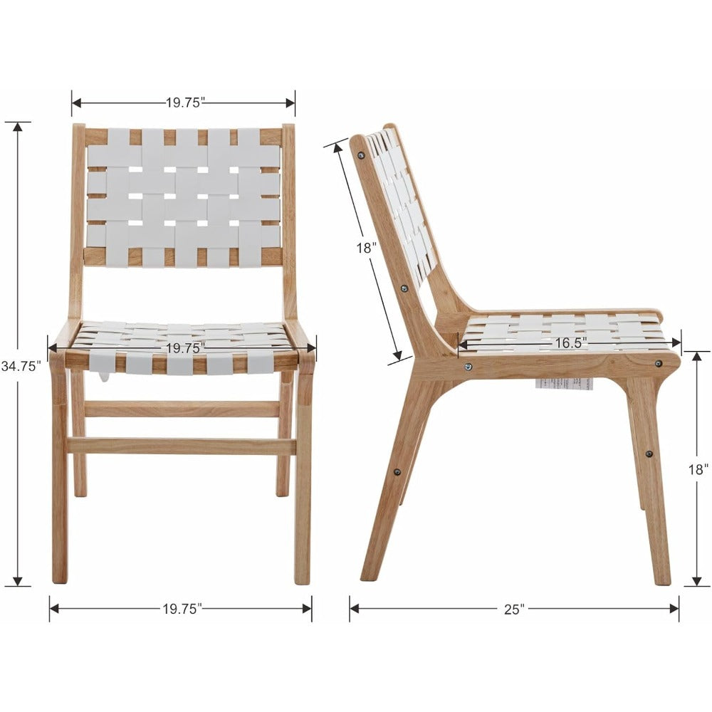 Set of 2 Modern White PU Dining Chairs with Woven Backrest & Hardwood Legs - Classic Contemporary Accent Chairs, Easy-Clean Wipeable Surface, Comfortable Seating for Kitchen, Dining Room, Living Room, Bedroom, Restaurant - Durable Synthetic Faux Lea