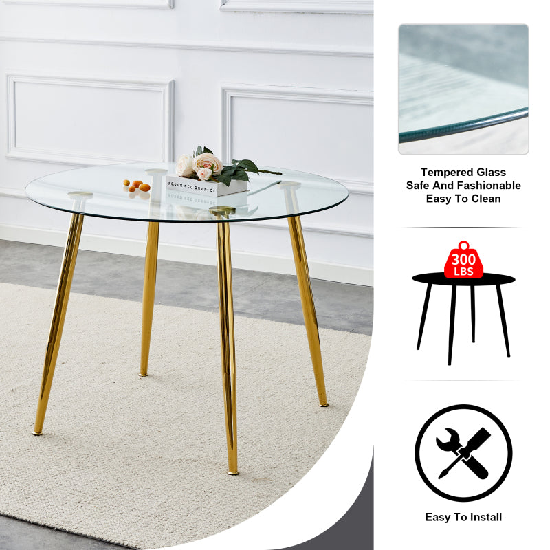 A Contemporary Round Glass Dining Table Measuring 40 Inches Across, Featuring Electroplated Golden Metal Legs, Perfect for Modern Living Spaces And Professional Meeting Rooms, Combining Stylish Functionality with a Streamlined Design for Larger Area