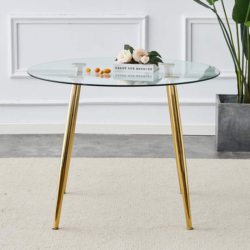 A Contemporary Round Glass Dining Table Measuring 40 Inches Across, Featuring Electroplated Golden Metal Legs, Perfect for Modern Living Spaces And Professional Meeting Rooms, Combining Stylish Functionality with a Streamlined Design for Larger Area