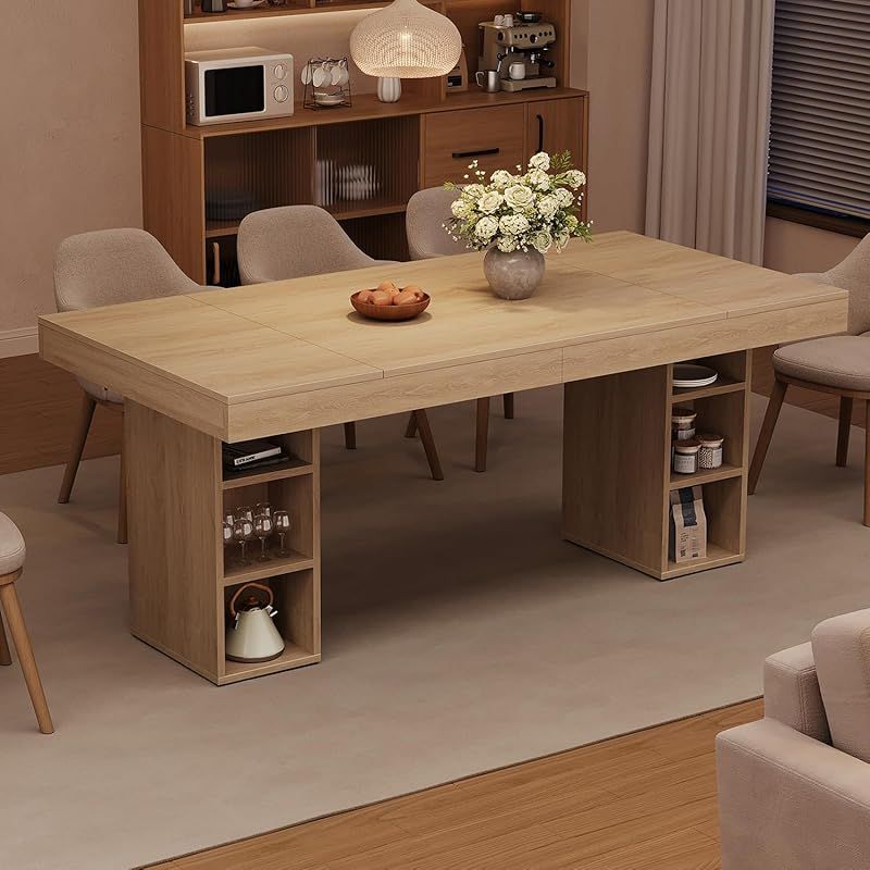 70.8\u002F62.9-Inch Large Rectangular Dining Table with Dual Side Storage Shelves & Double Pedestal Base - Extends to 6-8 People, Sturdy Frame Kitchen Table Suitable for, Office, Banquet - Assembly Required