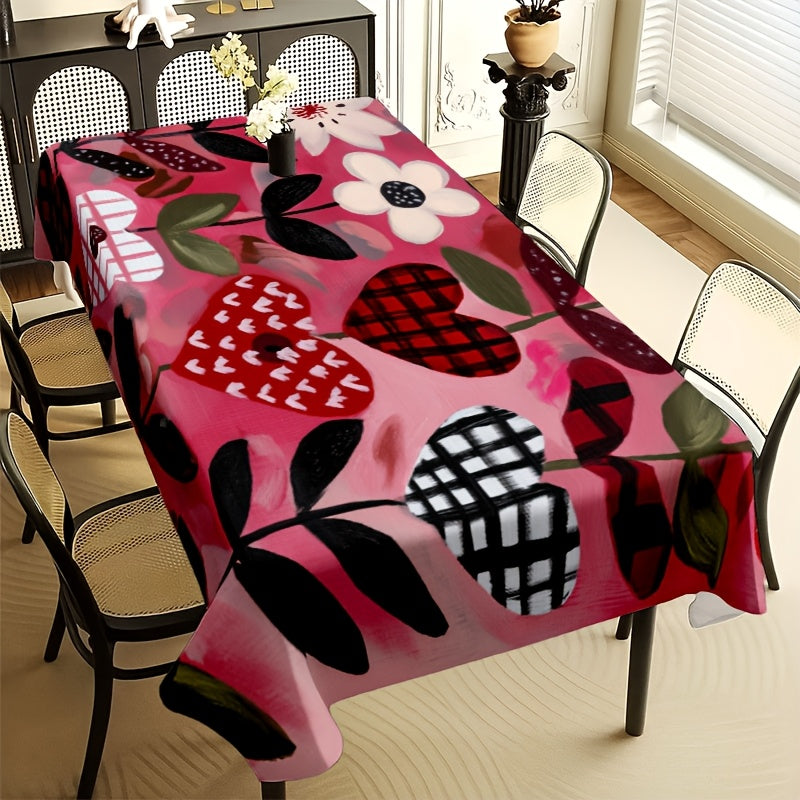 1pc 2D Printed Vine-Wrapped Floral and Checkered Heart Pattern Tablecloth, Easy to Care for, Enhances Ambiance, Protects Table Surface, Ideal for Daily Dining, Friend Gatherings, Afternoon Tea, Holiday: Valentine's Day