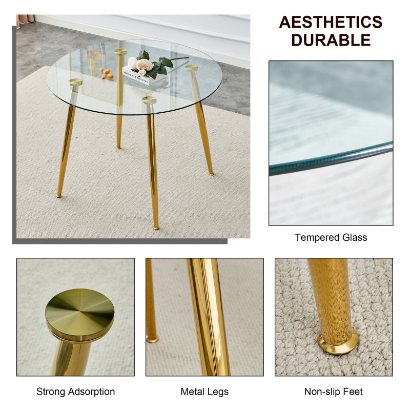 A Contemporary Round Glass Dining Table Measuring 40 Inches Across, Featuring Electroplated Golden Metal Legs, Perfect for Modern Living Spaces And Professional Meeting Rooms, Combining Stylish Functionality with a Streamlined Design for Larger Area