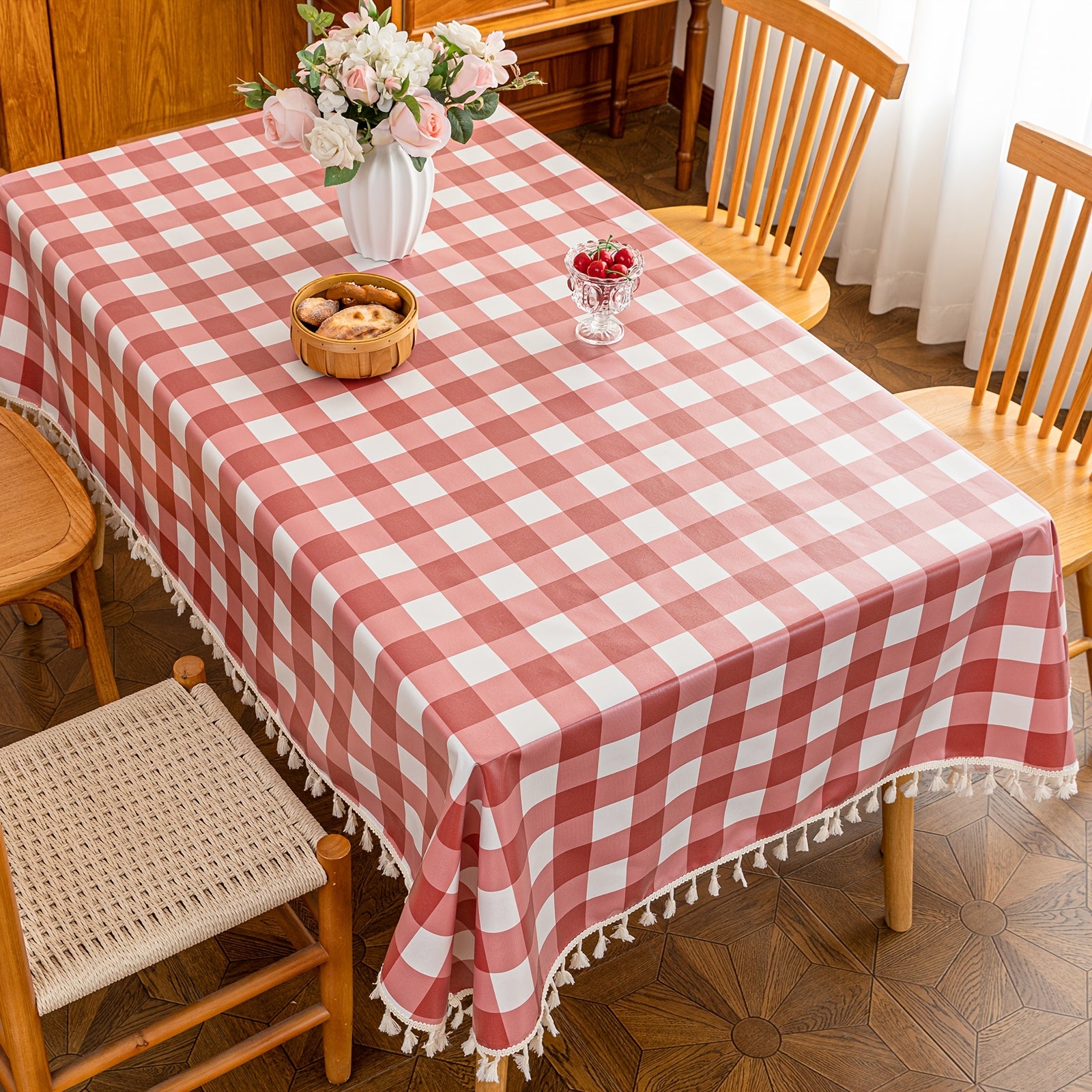 A Beige Checkered Pattern with Tassel Decoration, Suitable for Dining Tables, Coffee Tables, And Outdoor Use - Easy to Clean - Wipeable And Reusable