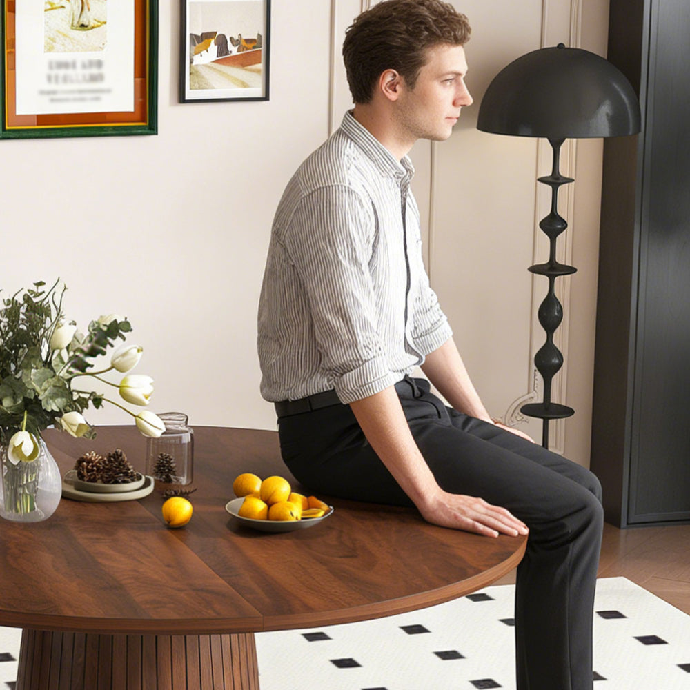 47 inch Round MDF Dining Table for 4 | Modern Farmhouse Kitchen Table with Wood Strip Base, Walnut End, Minimalist Style for Kitchen and Living Room