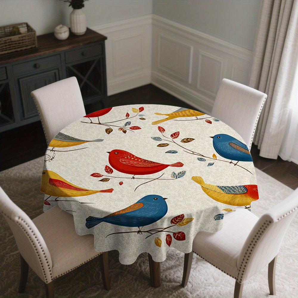 1pc Round Tablecloth with Colorful Birds on Branches & Red\u002FBlue\u002FYellow Bird Pattern - Beige Background, Fringed Trim, Durable Easy-Clean Polyester Fabric for Round Dining Tables, Spring Summer Parties, ' Room Decor (-Friendly