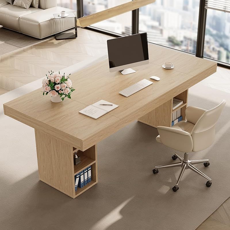 70.8\u002F62.9-Inch Large Rectangular Dining Table with Dual Side Storage Shelves & Double Pedestal Base - Extends to 6-8 People, Sturdy Frame Kitchen Table Suitable for, Office, Banquet - Assembly Required