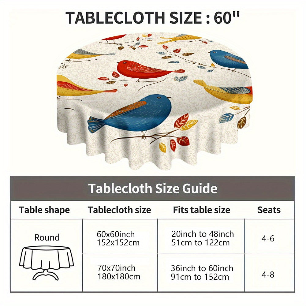 1pc Round Tablecloth with Colorful Birds on Branches & Red\u002FBlue\u002FYellow Bird Pattern - Beige Background, Fringed Trim, Durable Easy-Clean Polyester Fabric for Round Dining Tables, Spring Summer Parties, ' Room Decor (-Friendly
