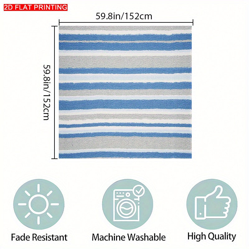 A Blue-Gray And White Striped Tablecloth, Perfect for Dining Tables, Coffee Tables, And Desks. It Serves As a Decorative Piece for Parties And Home Decor, Is Soft And Delicate, Machine Washable for Easy Cleaning, Enhances The Dining Atmosphere