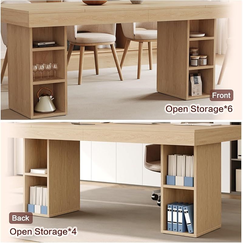 70.8\u002F62.9-Inch Large Rectangular Dining Table with Dual Side Storage Shelves & Double Pedestal Base - Extends to 6-8 People, Sturdy Frame Kitchen Table Suitable for, Office, Banquet - Assembly Required