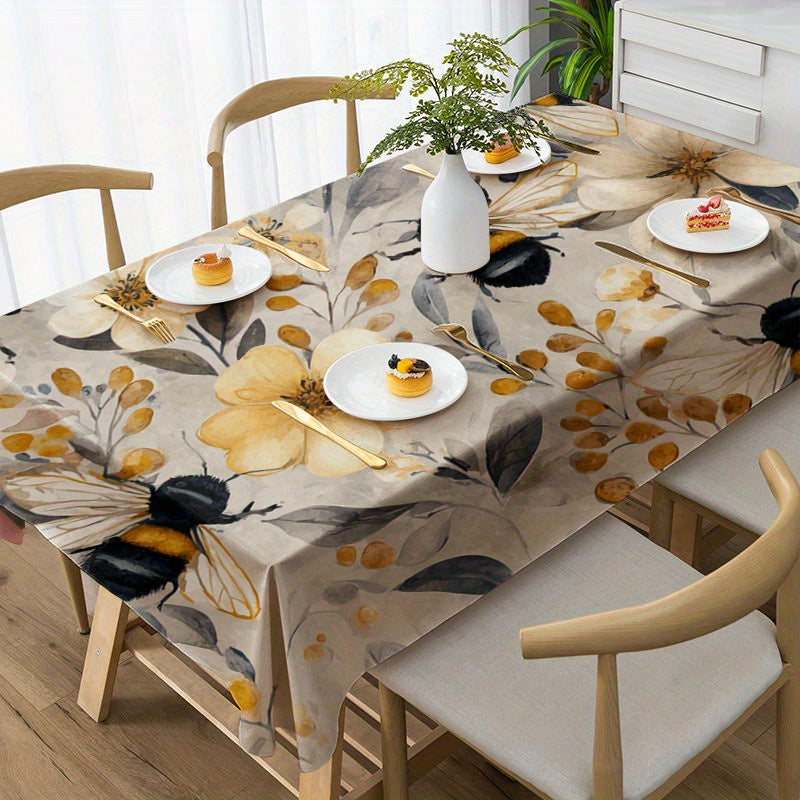 Floral Bee Pattern Tablecloth, Light Gray and Beige Base with Light Yellow Flowers, Black and Yellow Bees, and Light Yellow Branches, Overall Style Fresh and Natural, Tablecloth For Rectangular Table, Yellow Tablecloth