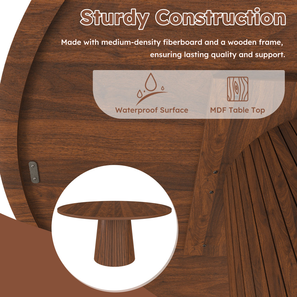 47 inch Round MDF Dining Table for 4 | Modern Farmhouse Kitchen Table with Wood Strip Base, Walnut End, Minimalist Style for Kitchen and Living Room