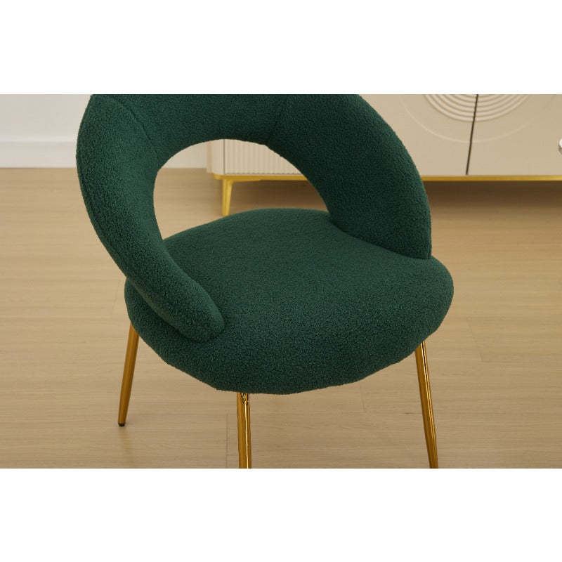 A Collection of One Green Upholstered Dining Chair Featuring a Curved Back And Golden Metal Legs, Suitable for The Kitchen Or Dining Area, Designed to Be Both Lightweight And Durable