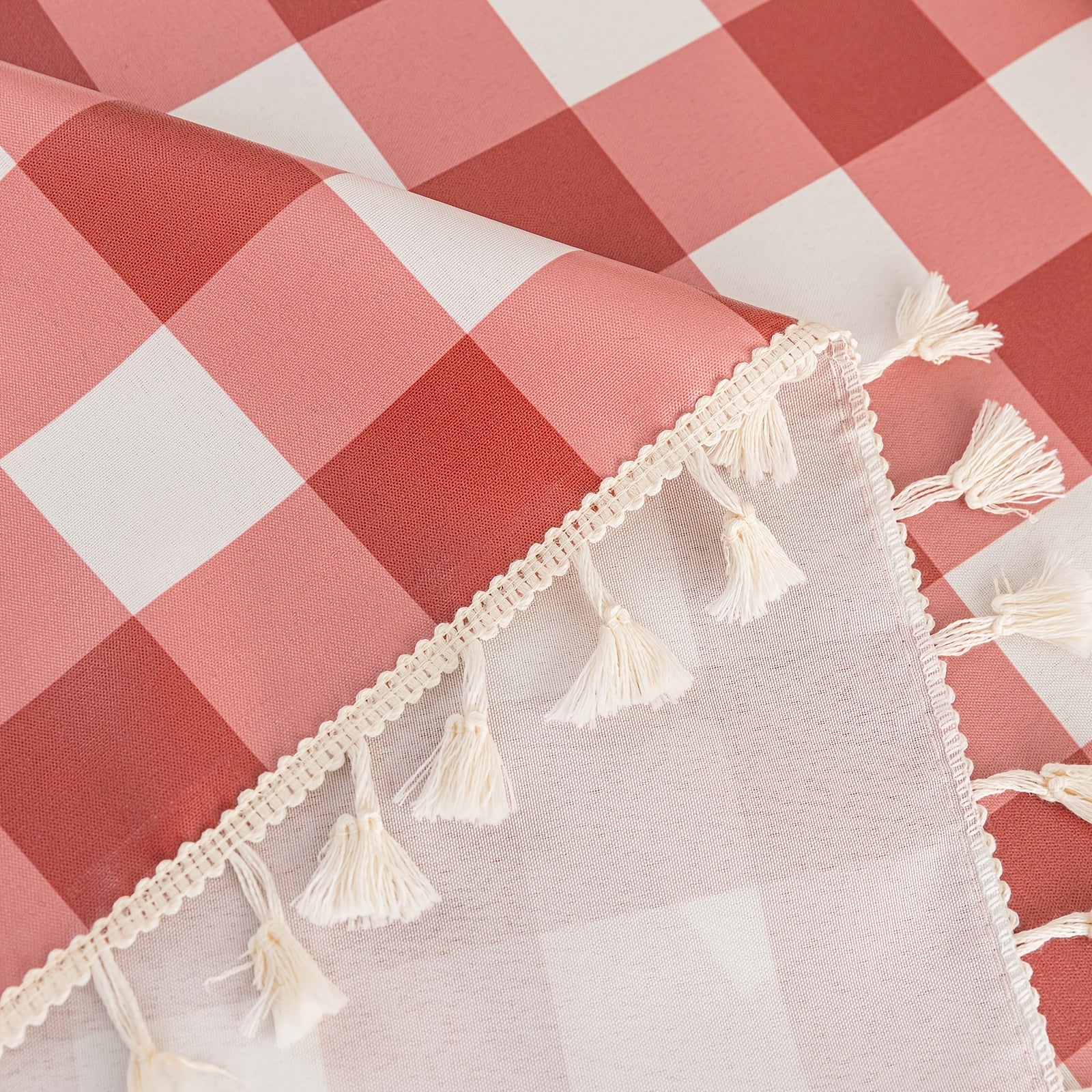 A Beige Checkered Pattern with Tassel Decoration, Suitable for Dining Tables, Coffee Tables, And Outdoor Use - Easy to Clean - Wipeable And Reusable