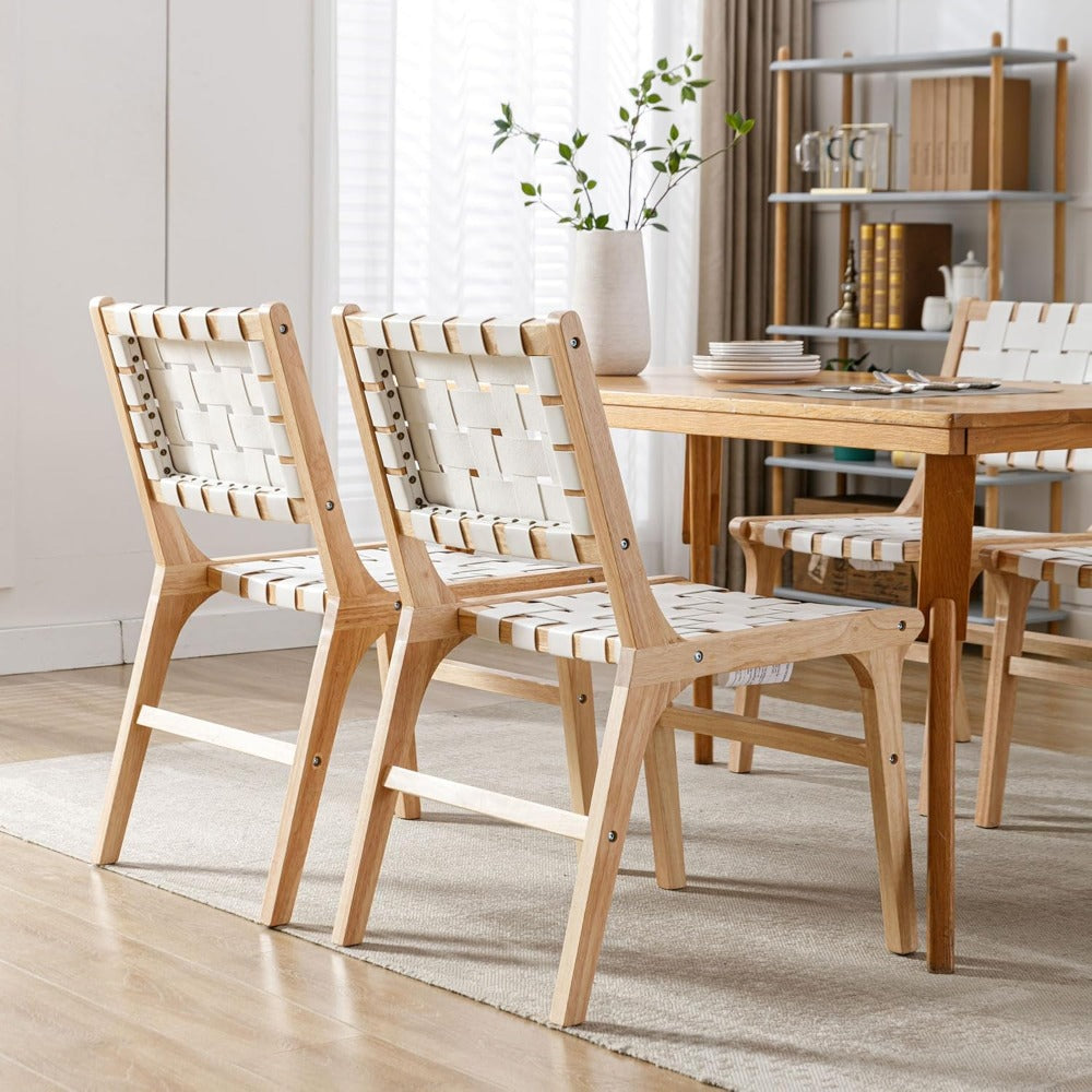 Set of 2 Modern White PU Dining Chairs with Woven Backrest & Hardwood Legs - Classic Contemporary Accent Chairs, Easy-Clean Wipeable Surface, Comfortable Seating for Kitchen, Dining Room, Living Room, Bedroom, Restaurant - Durable Synthetic Faux Lea