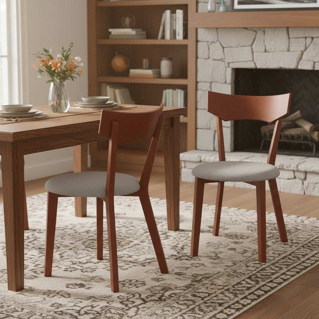 Set of 2 Wooden Dining Chairs | Fabric Upholstered Kitchen Side Chairs with Curved Backrest & Padded Seat, Modern Armless Accent Chairs for Home Dining Room, Living Room -