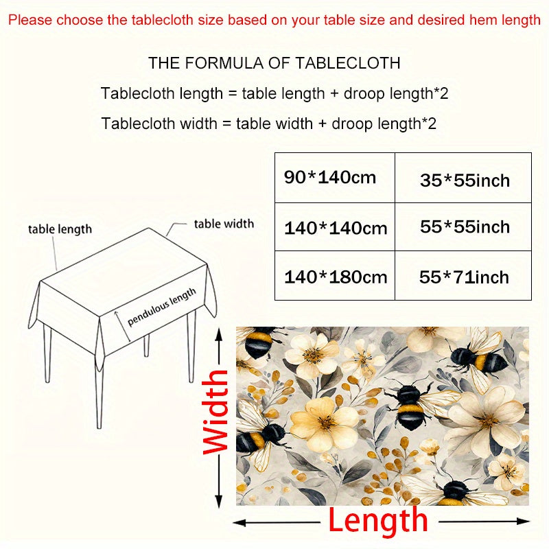 Floral Bee Pattern Tablecloth, Light Gray and Beige Base with Light Yellow Flowers, Black and Yellow Bees, and Light Yellow Branches, Overall Style Fresh and Natural, Tablecloth For Rectangular Table, Yellow Tablecloth