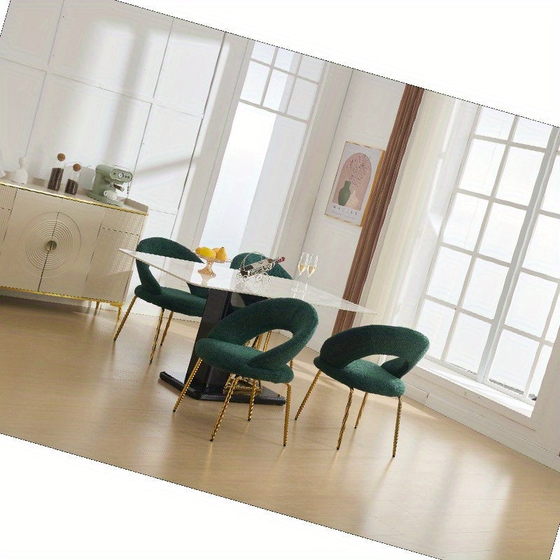 A Collection of One Green Upholstered Dining Chair Featuring a Curved Back And Golden Metal Legs, Suitable for The Kitchen Or Dining Area, Designed to Be Both Lightweight And Durable