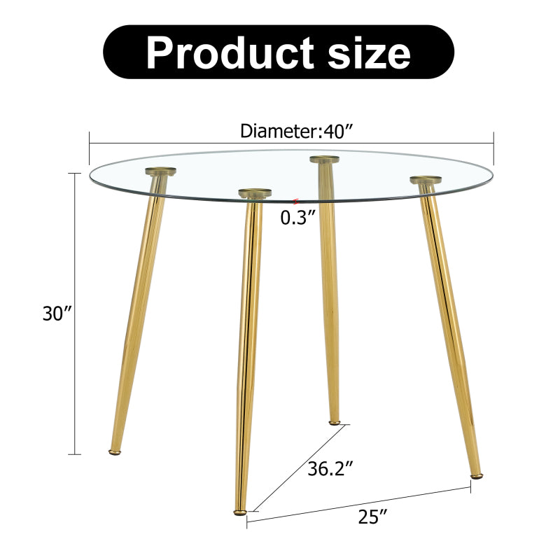 A Contemporary Round Glass Dining Table Measuring 40 Inches Across, Featuring Electroplated Golden Metal Legs, Perfect for Modern Living Spaces And Professional Meeting Rooms, Combining Stylish Functionality with a Streamlined Design for Larger Area