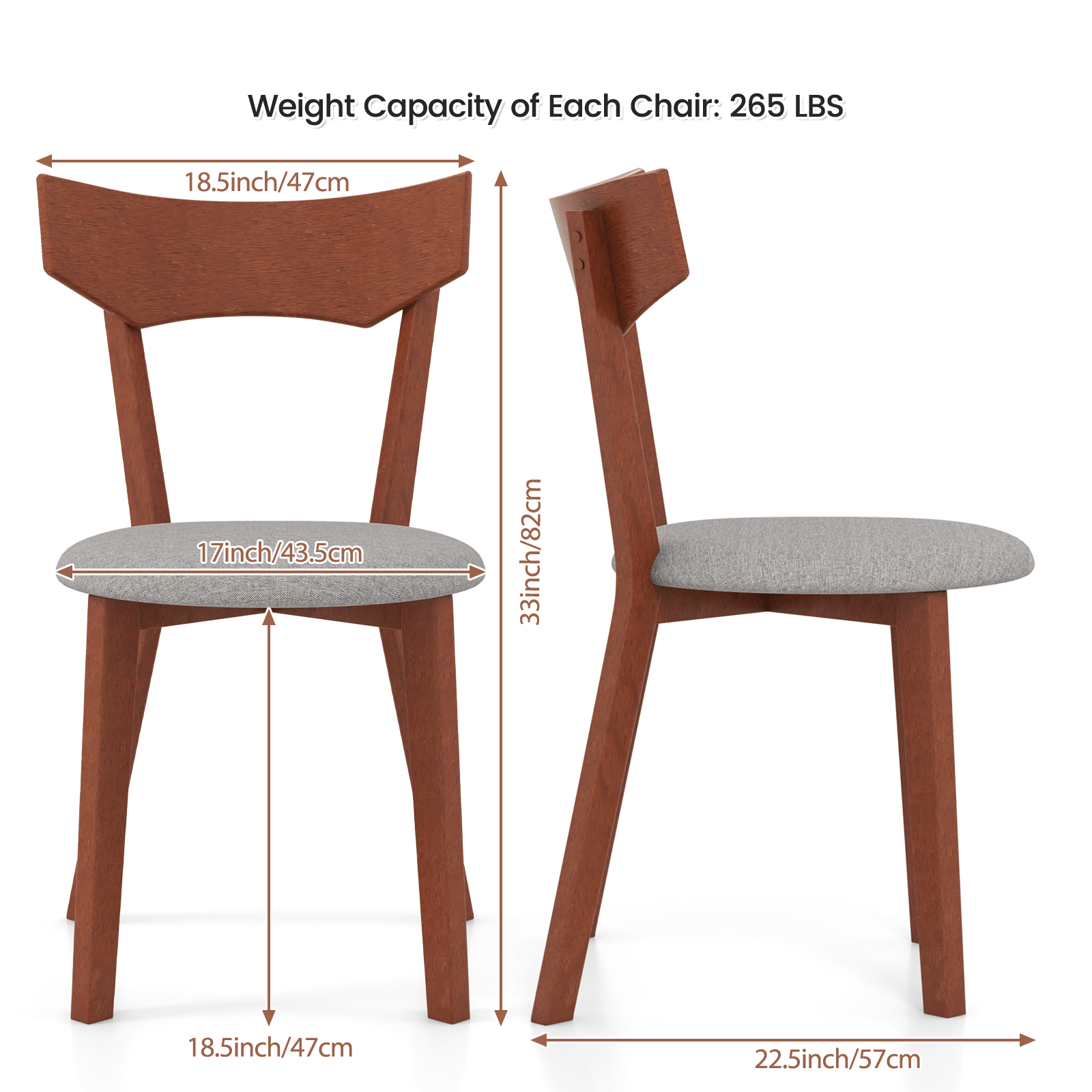 Set of 2 Wooden Dining Chairs | Fabric Upholstered Kitchen Side Chairs with Curved Backrest & Padded Seat, Modern Armless Accent Chairs for Home Dining Room, Living Room -