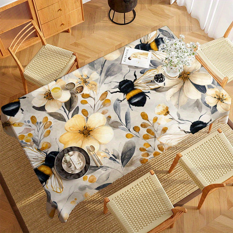 Floral Bee Pattern Tablecloth, Light Gray and Beige Base with Light Yellow Flowers, Black and Yellow Bees, and Light Yellow Branches, Overall Style Fresh and Natural, Tablecloth For Rectangular Table, Yellow Tablecloth