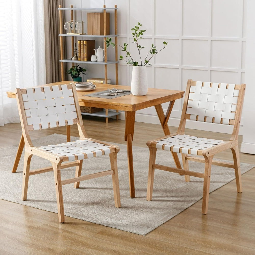 Set of 2 Modern White PU Dining Chairs with Woven Backrest & Hardwood Legs - Classic Contemporary Accent Chairs, Easy-Clean Wipeable Surface, Comfortable Seating for Kitchen, Dining Room, Living Room, Bedroom, Restaurant - Durable Synthetic Faux Lea