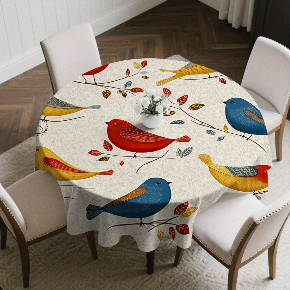 1pc Round Tablecloth with Colorful Birds on Branches & Red\u002FBlue\u002FYellow Bird Pattern - Beige Background, Fringed Trim, Durable Easy-Clean Polyester Fabric for Round Dining Tables, Spring Summer Parties, ' Room Decor (-Friendly