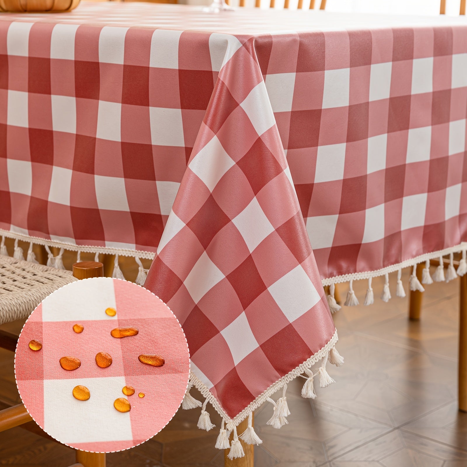 A Beige Checkered Pattern with Tassel Decoration, Suitable for Dining Tables, Coffee Tables, And Outdoor Use - Easy to Clean - Wipeable And Reusable