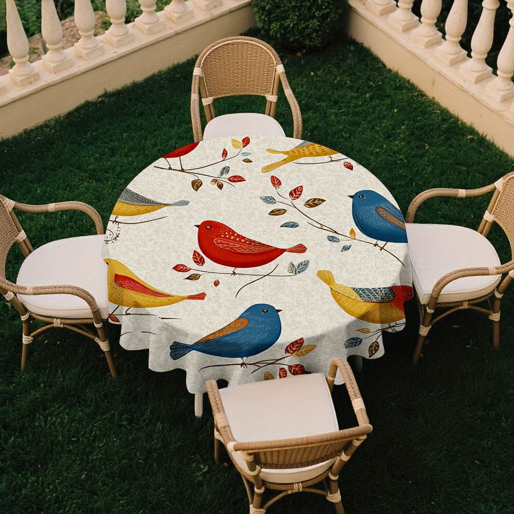 1pc Round Tablecloth with Colorful Birds on Branches & Red\u002FBlue\u002FYellow Bird Pattern - Beige Background, Fringed Trim, Durable Easy-Clean Polyester Fabric for Round Dining Tables, Spring Summer Parties, ' Room Decor (-Friendly