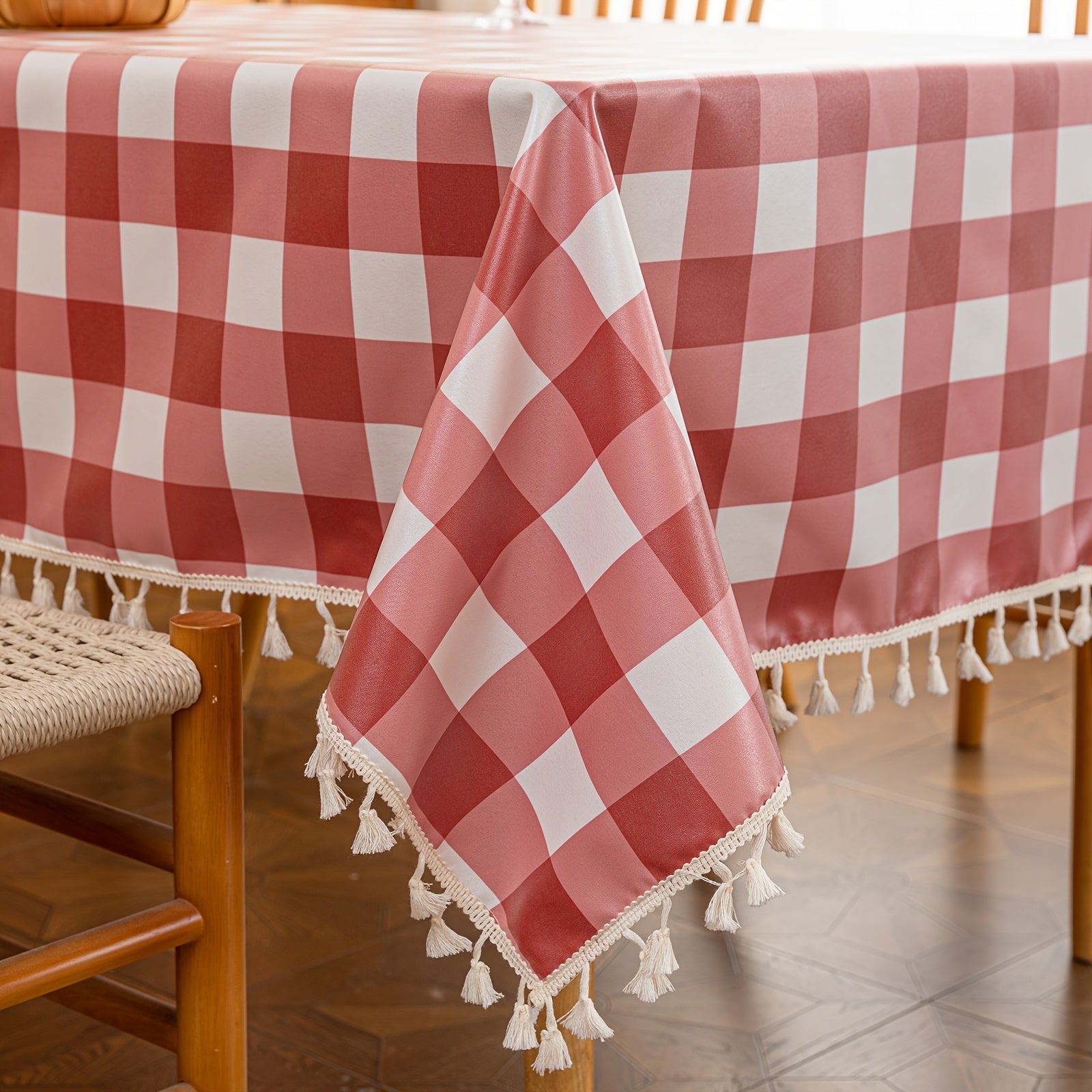 A Beige Checkered Pattern with Tassel Decoration, Suitable for Dining Tables, Coffee Tables, And Outdoor Use - Easy to Clean - Wipeable And Reusable