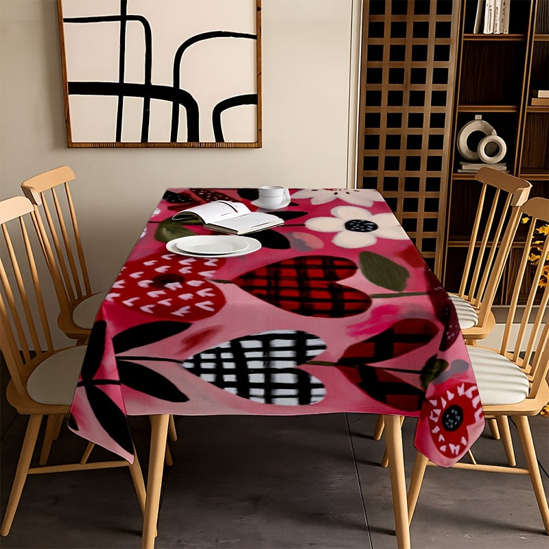 1pc 2D Printed Vine-Wrapped Floral and Checkered Heart Pattern Tablecloth, Easy to Care for, Enhances Ambiance, Protects Table Surface, Ideal for Daily Dining, Friend Gatherings, Afternoon Tea, Holiday: Valentine's Day