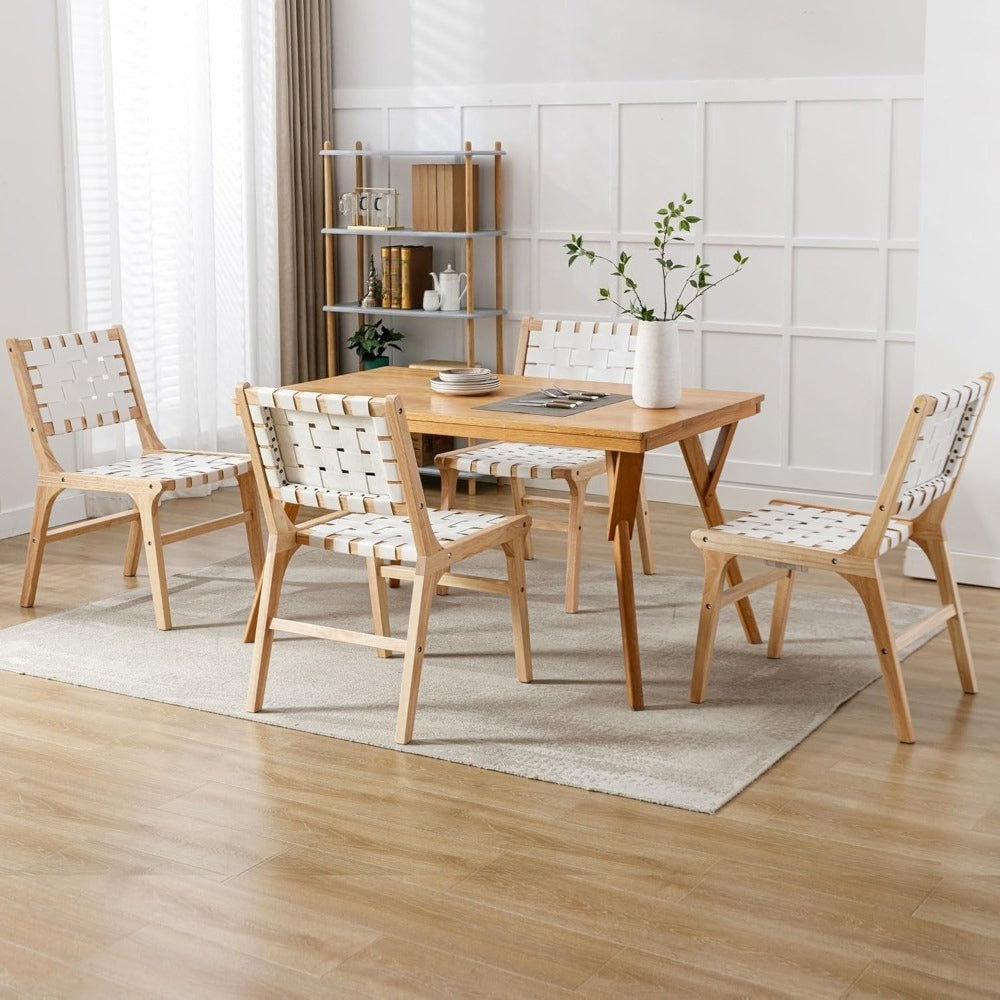 Set of 2 Modern White PU Dining Chairs with Woven Backrest & Hardwood Legs - Classic Contemporary Accent Chairs, Easy-Clean Wipeable Surface, Comfortable Seating for Kitchen, Dining Room, Living Room, Bedroom, Restaurant - Durable Synthetic Faux Lea