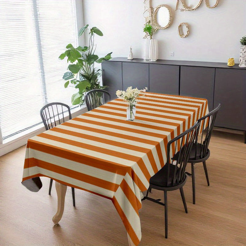 1pc Soft Fashionable Orange and White Vertical Stripe Tablecloth, 2D Flat, Exquisite Gift, Machine Washable, Easy to Clean, for Dining \u002F Coffee \u002F Tea \u002F Desk, Picnic \u002F Outdoor \u002F Camping Table, Elegant Life, Home Textile, 2D Flat