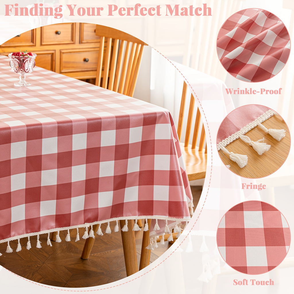 A Beige Checkered Pattern with Tassel Decoration, Suitable for Dining Tables, Coffee Tables, And Outdoor Use - Easy to Clean - Wipeable And Reusable