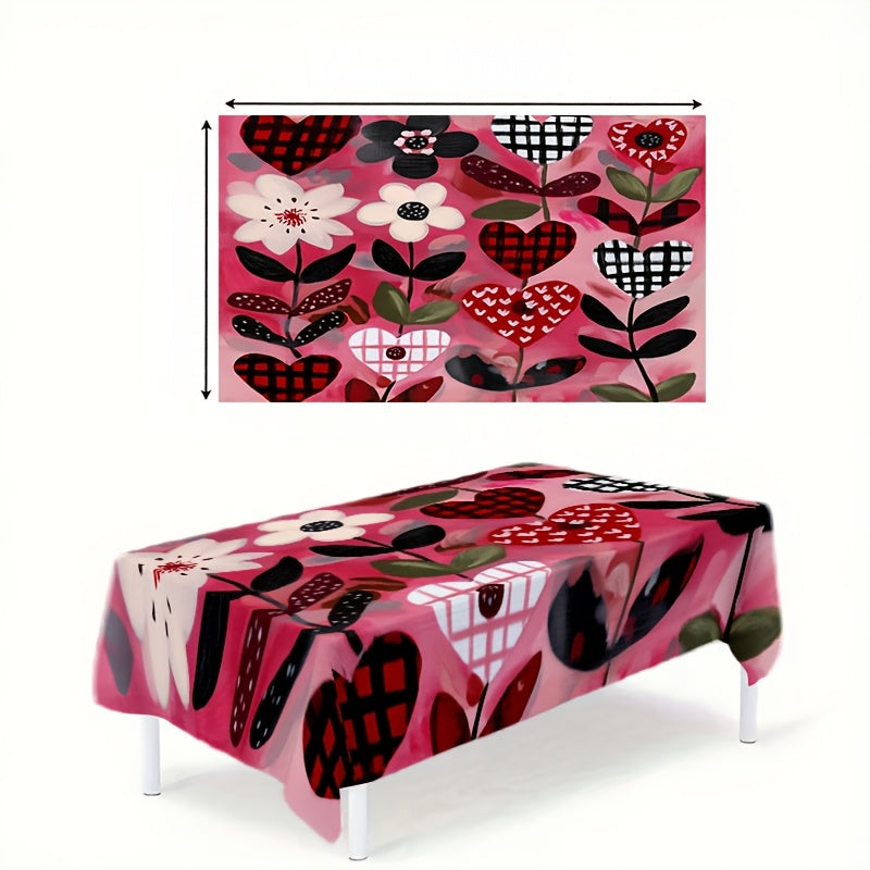 1pc 2D Printed Vine-Wrapped Floral and Checkered Heart Pattern Tablecloth, Easy to Care for, Enhances Ambiance, Protects Table Surface, Ideal for Daily Dining, Friend Gatherings, Afternoon Tea, Holiday: Valentine's Day