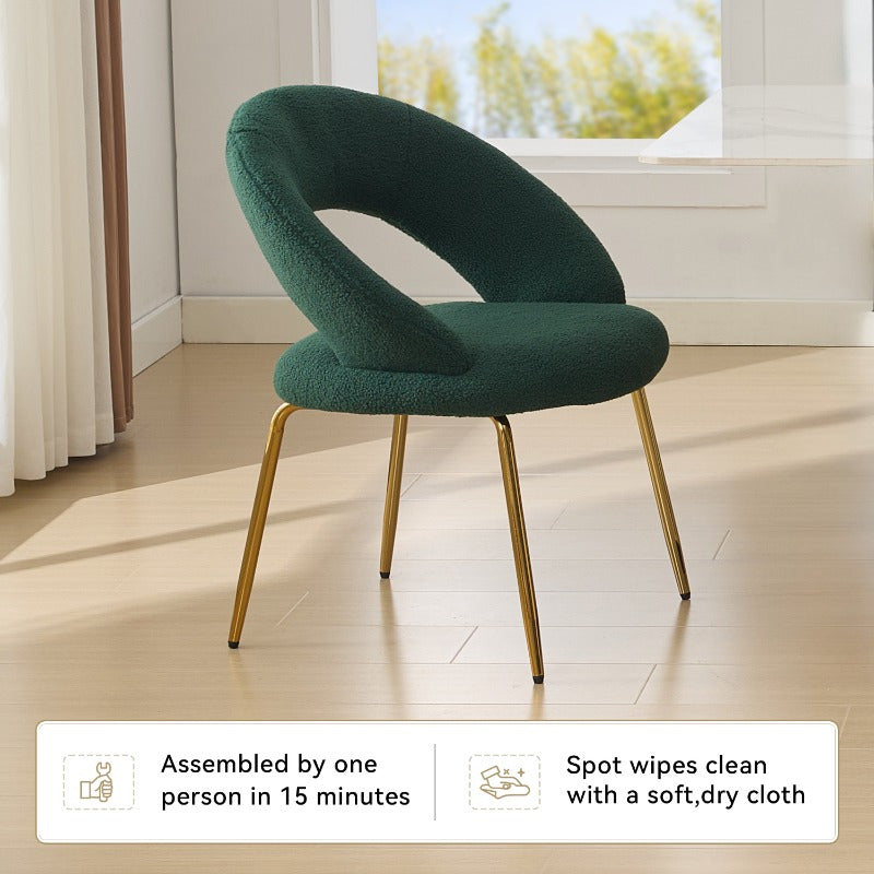 A Collection of One Green Upholstered Dining Chair Featuring a Curved Back And Golden Metal Legs, Suitable for The Kitchen Or Dining Area, Designed to Be Both Lightweight And Durable
