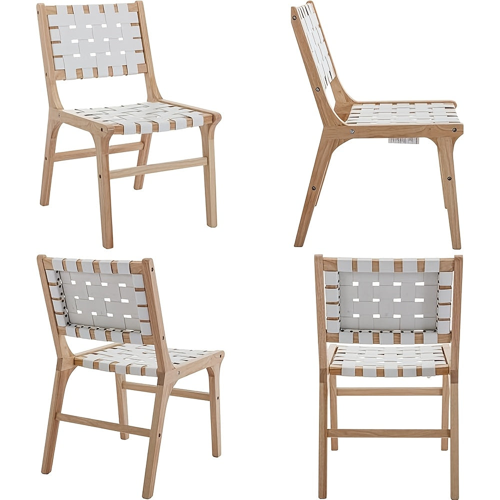 Set of 2 Modern White PU Dining Chairs with Woven Backrest & Hardwood Legs - Classic Contemporary Accent Chairs, Easy-Clean Wipeable Surface, Comfortable Seating for Kitchen, Dining Room, Living Room, Bedroom, Restaurant - Durable Synthetic Faux Lea